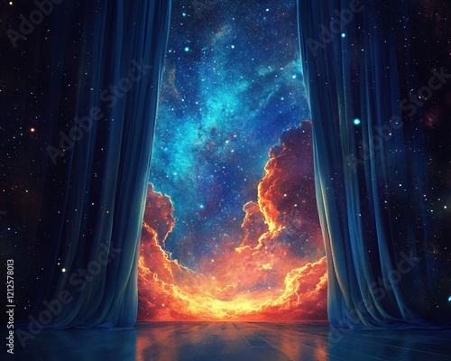 Surreal cosmic artwork of a theater curtain parting to reveal vibrant stars and a glowing nebula photo