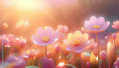 Vibrant Pink Blossoms on a Spring Meadow, Soft Colors with Sunbeams