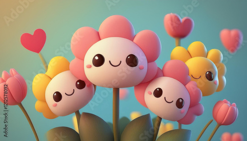 3D Flowers and Hearts in Pastel colors, Valentine's Day, Kawaii design, Soft and Cute