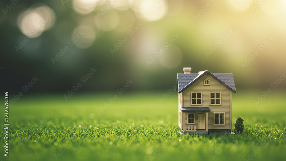 An empty area representing the concept of home and lifestyle. A miniature house placed on lush green grass, illuminated by soft sunlight in an abstract setting An empty area representing the concept of home and lifestyle. A miniature house placed on lush green grass, illuminated by soft sunlight in an abstract setting