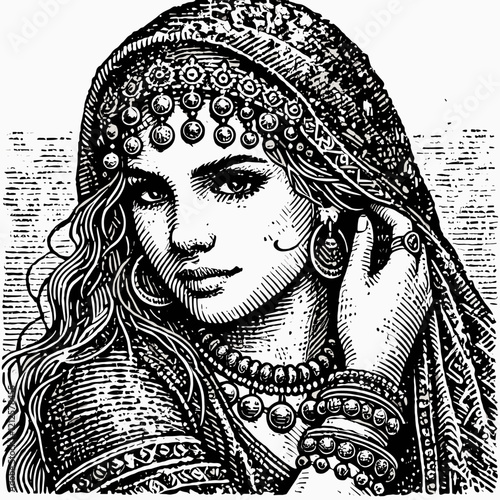 Woman in traditional attire adjusting jewelry in woodcut style