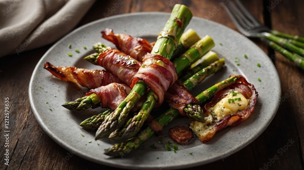 A plate of bacon-wrapped asparagus, showcasing a delicious appetizer or side dish. A plate of bacon-wrapped asparagus, showcasing a delicious appetizer or side dish.