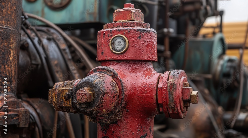 Industrial fire hydrant close-up, red and weathered, surrounded by heavy-duty machinery. Industrial fire hydrant close-up, red and weathered, surrounded by heavy-duty machinery.