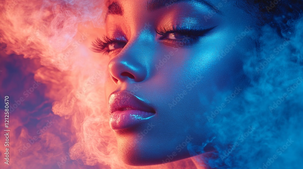 Portrait of a woman with a vibrant blue and pink smoke effect Portrait of a woman with a vibrant blue and pink smoke effect