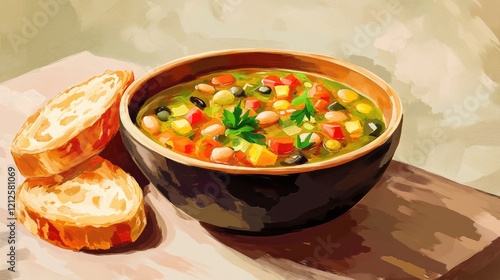 A delightful image of a bowl of minestrone soup, filled with colorful vegetables and beans, served with crusty bread, representing the heartiness of Italian home cooking. photo