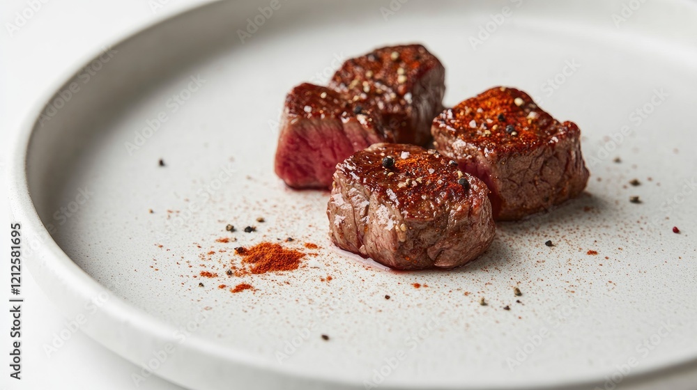 A detailed view of a steak cooked to perfection, with spices sprinkled on top, placed on a white plate, highlighting the textures and colors of the dish. A detailed view of a steak cooked to perfection, with spices sprinkled on top, placed on a white plate, highlighting the textures and colors of the dish.