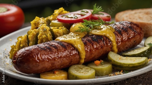 A delicious grilled sausage served with mustard, pickles, tomatoes, and a side of mashed avocado.