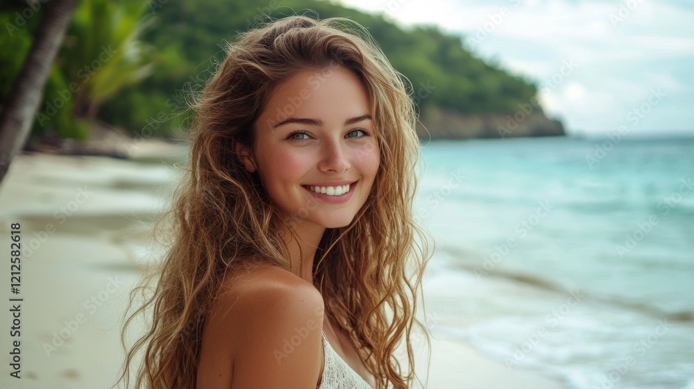 A beautiful young woman smiles radiantly while standing on a tropical beach, surrounded by gentle ocean waves and lush greenery. Her carefree spirit captures the essence of a perfect getaway A beautiful young woman smiles radiantly while standing on a tropical beach, surrounded by gentle ocean waves and lush greenery. Her carefree spirit captures the essence of a perfect getaway