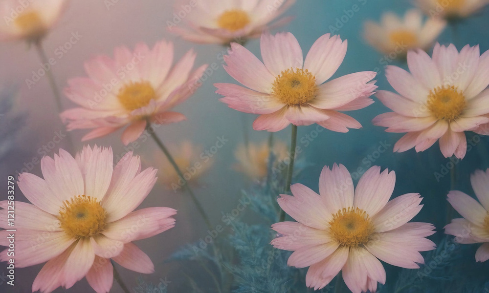Delicate abstract background featuring soft flowers in pastel tones of pink, blue, and yellow. Delicate abstract background featuring soft flowers in pastel tones of pink, blue, and yellow.