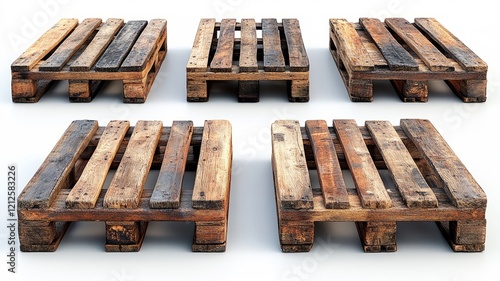 Set of rustic wooden pallets arranged on white background photo