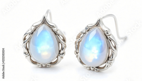 Elegant Pear Shaped Rainbow Moonstone Earrings in Sterling Silver Setting photo