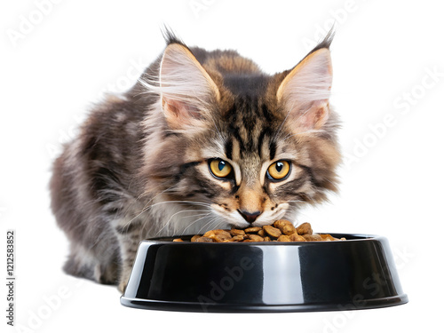 Beautiful cat Maine coon eating food from bowl, pets and animals, isolated on transparent background