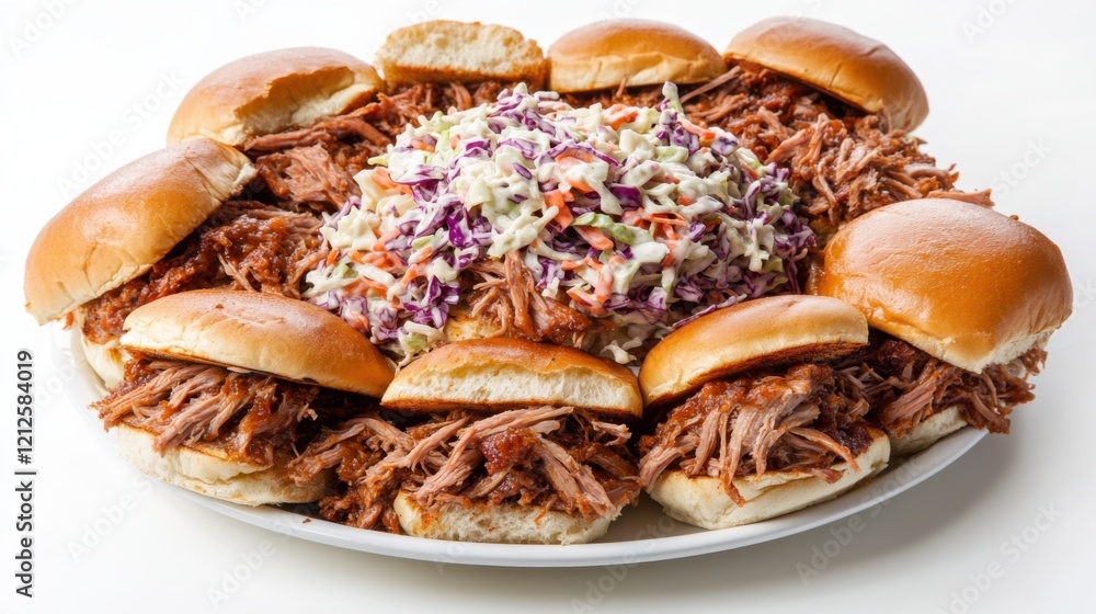 A plate of savory pulled pork sandwiches with tangy coleslaw on brioche buns, Each sandwich piled high with tender pulled pork and crunchy slaw A plate of savory pulled pork sandwiches with tangy coleslaw on brioche buns, Each sandwich piled high with tender pulled pork and crunchy slaw