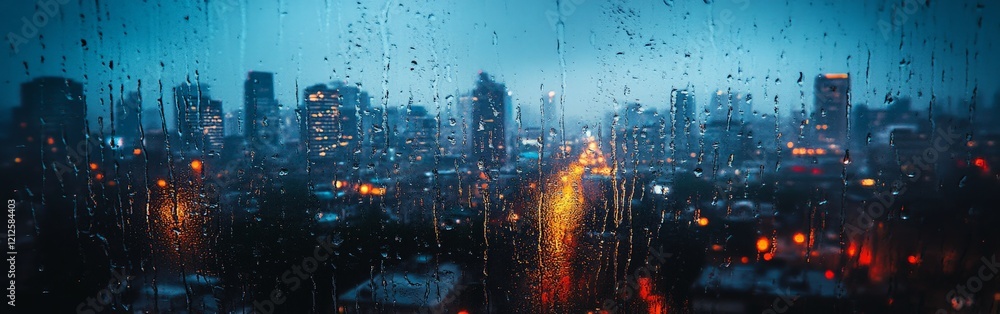 Naklejka premium A rainy cityscape at dusk seen through a window, evoking cinematic melancholy. Great for urban storytelling, emotional visuals, and drama-themed projects.