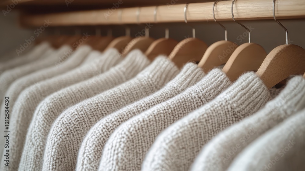 Fototapeta premium Soft Neutral Knitwear Collection Cozy Cashmere Wool Sweaters on Wooden Hangers