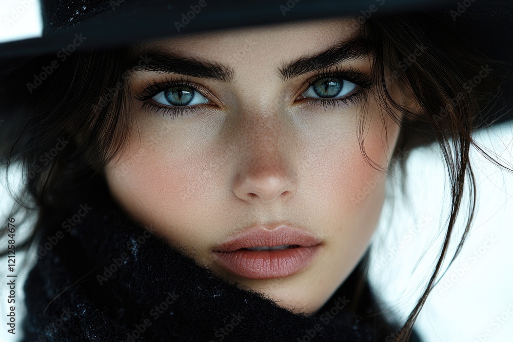 A close-up view of a woman wearing a hat and scarf, focusing on her facial expression A close-up view of a woman wearing a hat and scarf, focusing on her facial expression