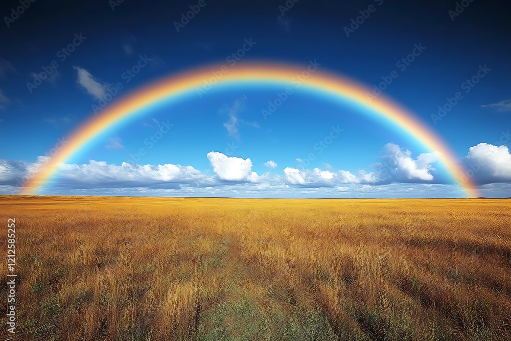Naklejka premium Vibrant rainbow arcing over a golden field under a blue sky.