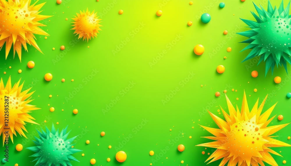 Colorful abstract background with spiky shapes and spheres in vibrant green, yellow, and teal. Colorful abstract background with spiky shapes and spheres in vibrant green, yellow, and teal.