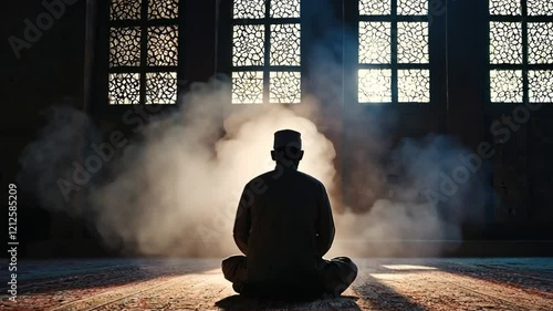 silhouette of muslim man praying in old mosque with lighting and smoke background