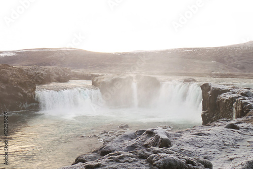 Stunning Panoramic View of Godafoss Waterfall in Early Winter, Located Near Akureyri Town, Northern Region of Iceland photo