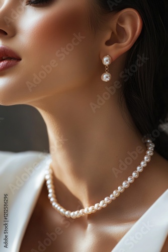 A person wearing pearl necklace and earrings, classic and elegant style