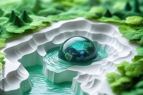 elegant paper art diorama showing water droplet nurturing earth, layered white paper creating depth, soft blue and green tones, environmental theme photo