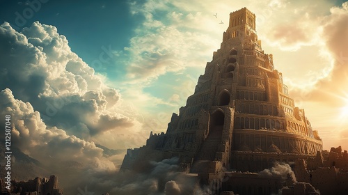 A cinematic depiction of the Tower of Babel, with its towering structure and intricate architecture, set against an ancient city backdrop under a bright sky. photo