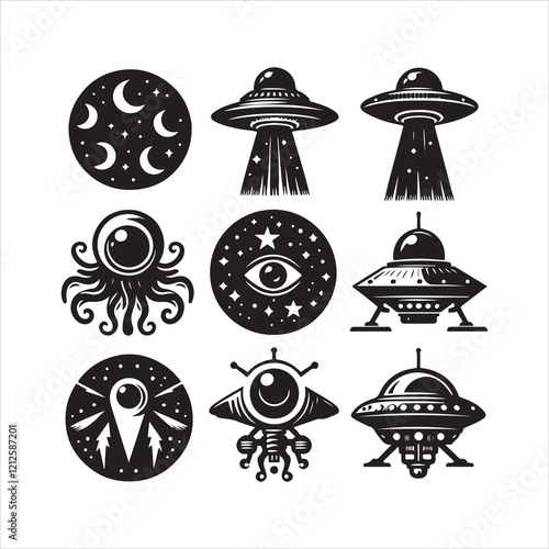 Ufo elements silhouette vector. Ufo icon silhouette illustration