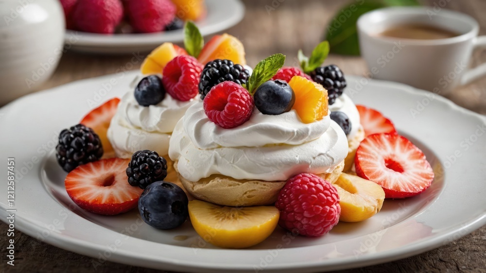 A delicious dessert featuring meringue topped with whipped cream and fresh fruits. A delicious dessert featuring meringue topped with whipped cream and fresh fruits.