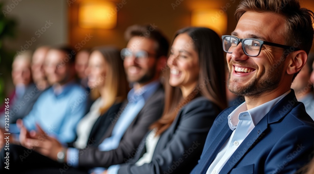 Business People Smiling and Engaged During a Conference or Seminar with Professional Attire and Warm Atmosphere Business People Smiling and Engaged During a Conference or Seminar with Professional Attire and Warm Atmosphere