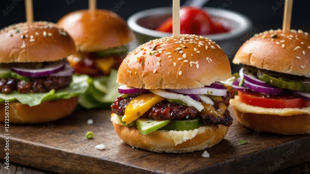 A close-up of delicious mini burgers with toppings on a wooden board. A close-up of delicious mini burgers with toppings on a wooden board.