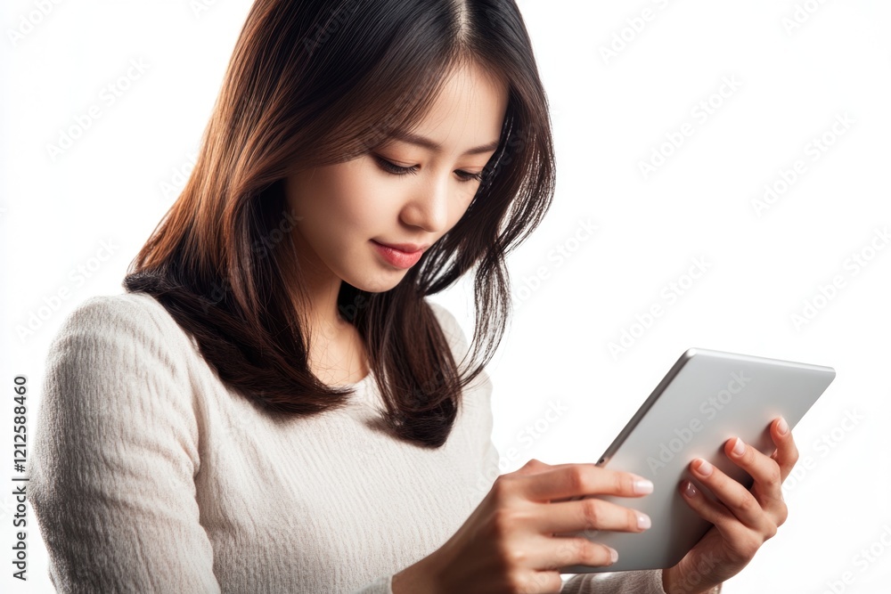 A woman holds a tablet computer, ready to use A woman holds a tablet computer, ready to use