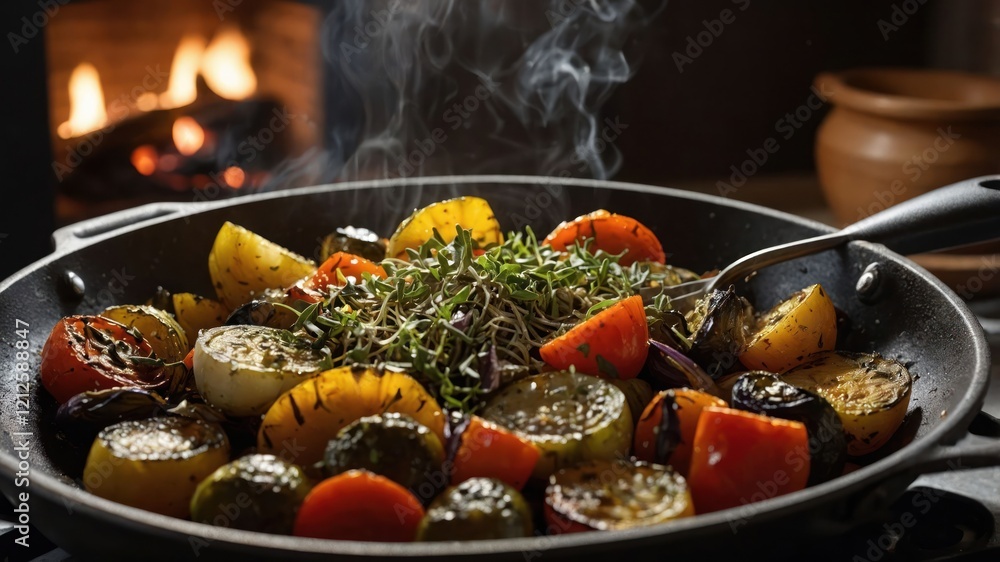 A pan of colorful, roasted vegetables garnished with herbs, set against a cozy fireplace backdrop. A pan of colorful, roasted vegetables garnished with herbs, set against a cozy fireplace backdrop.