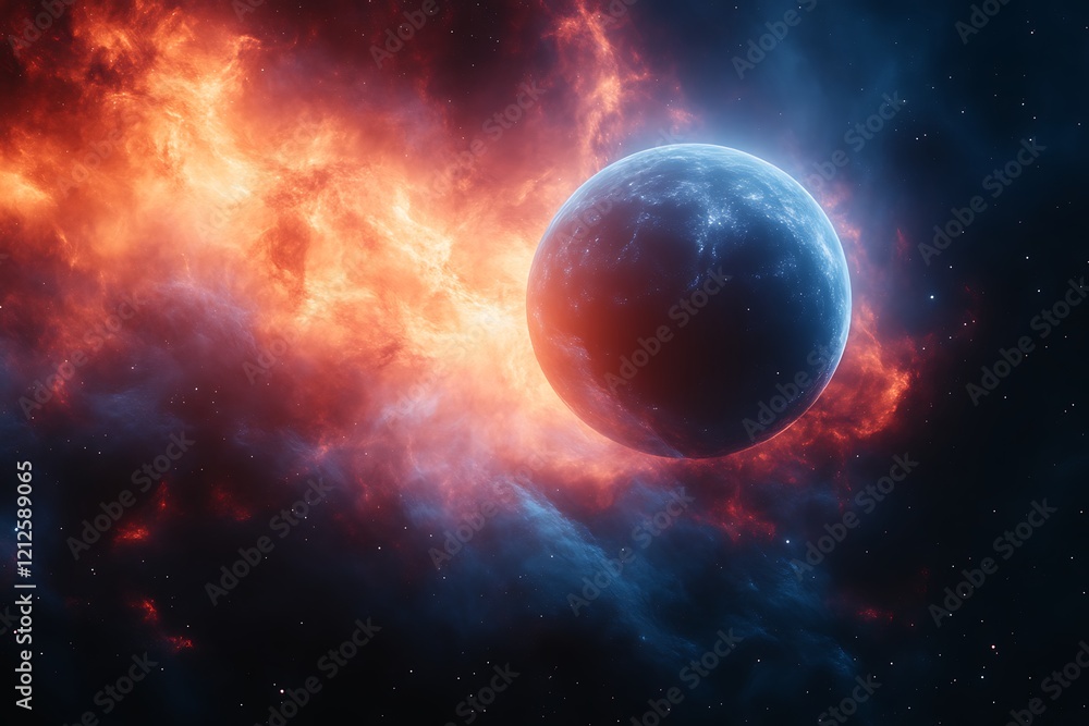 Fiery nebula enveloping a blue planet in space. Fiery nebula enveloping a blue planet in space.