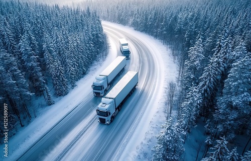 Aerial view of trucks driving on the highway in a winter forest, a Scandinavian nature landscape with snow-covered trees and a road from above. Winter trucking concept.