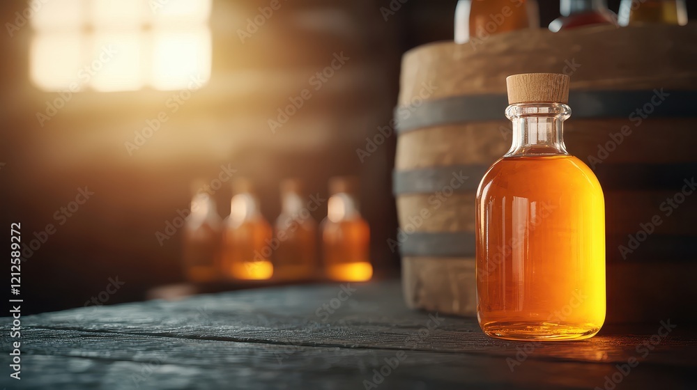 Elixir of Life Concept, Rustic Workshop Scene Featuring Bottle of Golden Elixir on Wooden Table Surrounded by Barrels and Soft Light Elixir of Life Concept, Rustic Workshop Scene Featuring Bottle of Golden Elixir on Wooden Table Surrounded by Barrels and Soft Light