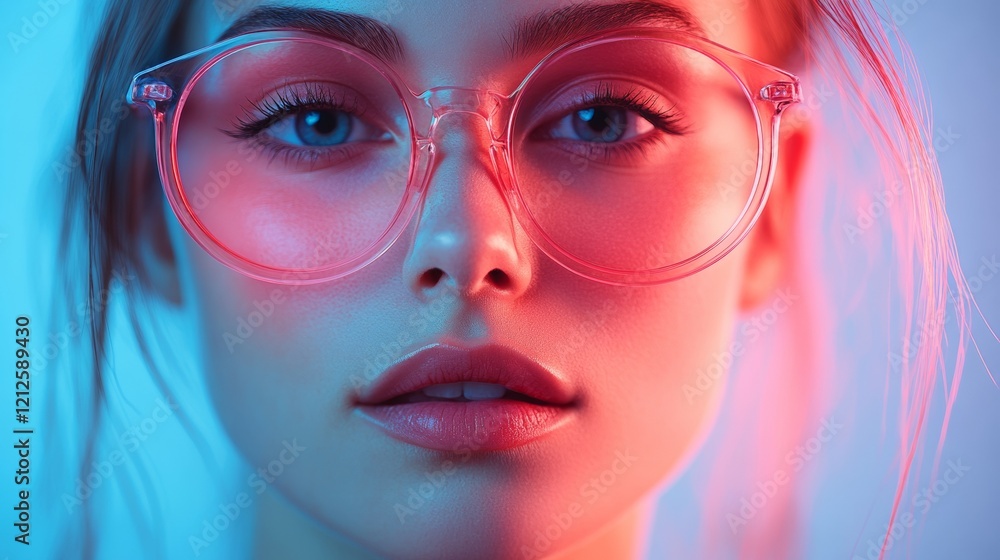 Stylish woman in pink glasses with glowing accents Stylish woman in pink glasses with glowing accents