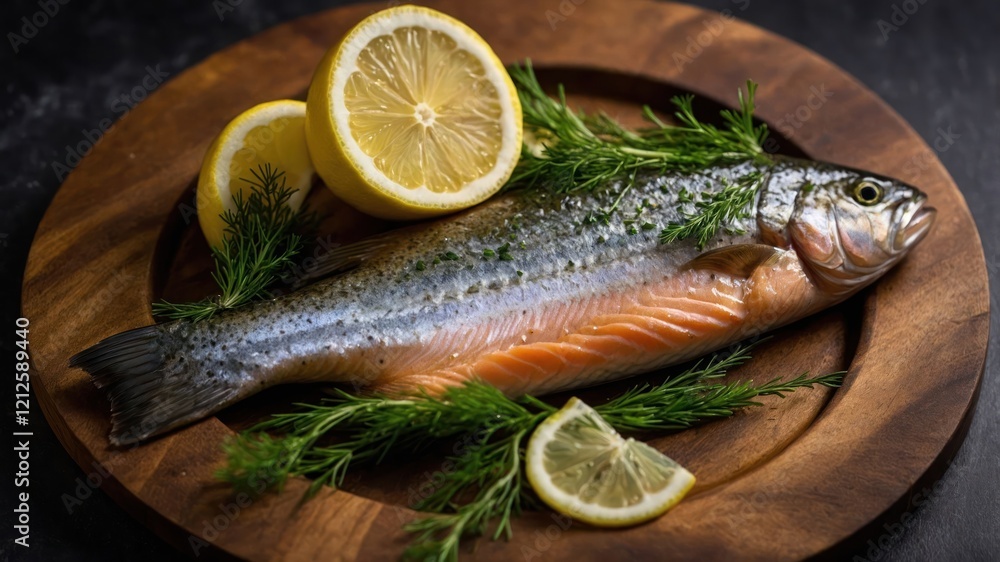 A fresh fish garnished with lemon slices and herbs on a wooden platter. A fresh fish garnished with lemon slices and herbs on a wooden platter.