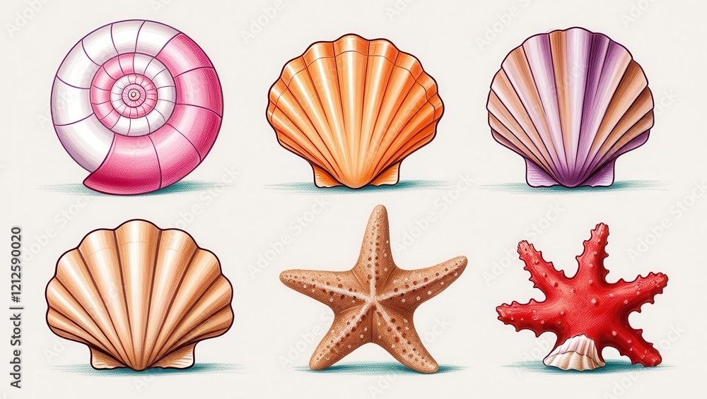 Vibrant Seashells and Starfish Collection Nautical Summer Ocean Life Illustration Vibrant Seashells and Starfish Collection Nautical Summer Ocean Life Illustration