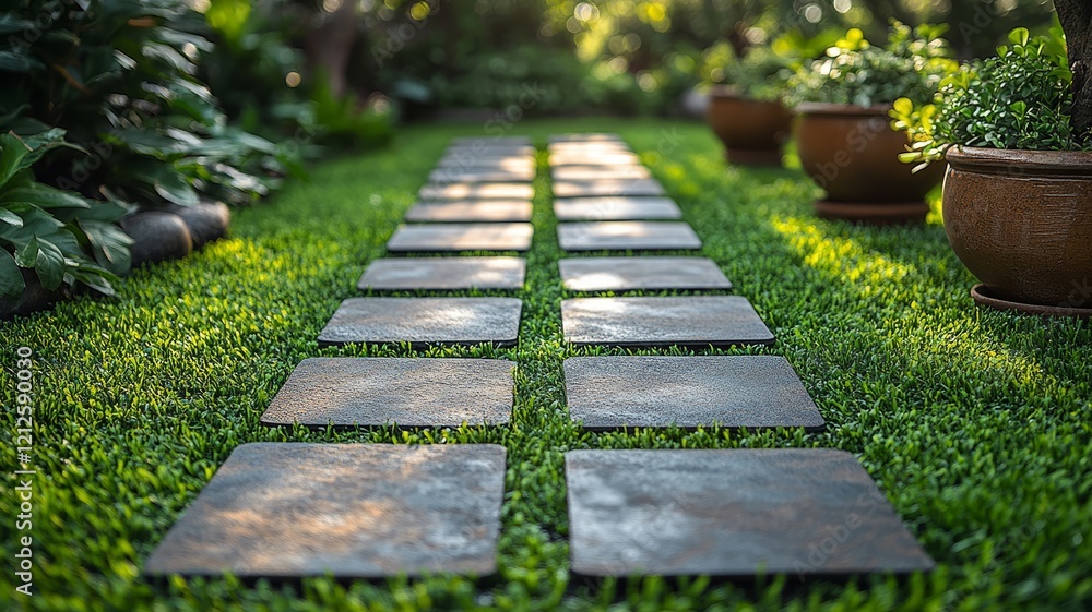 Obraz premium Garden path made of square stone tiles surrounded by greenery