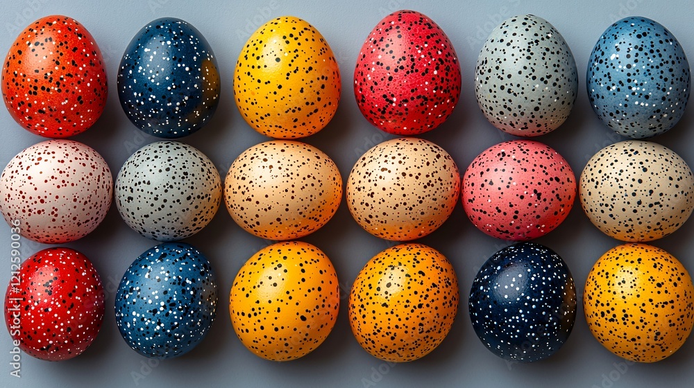 Colorful speckled Easter eggs arranged on grey background. Holiday decoration Colorful speckled Easter eggs arranged on grey background. Holiday decoration