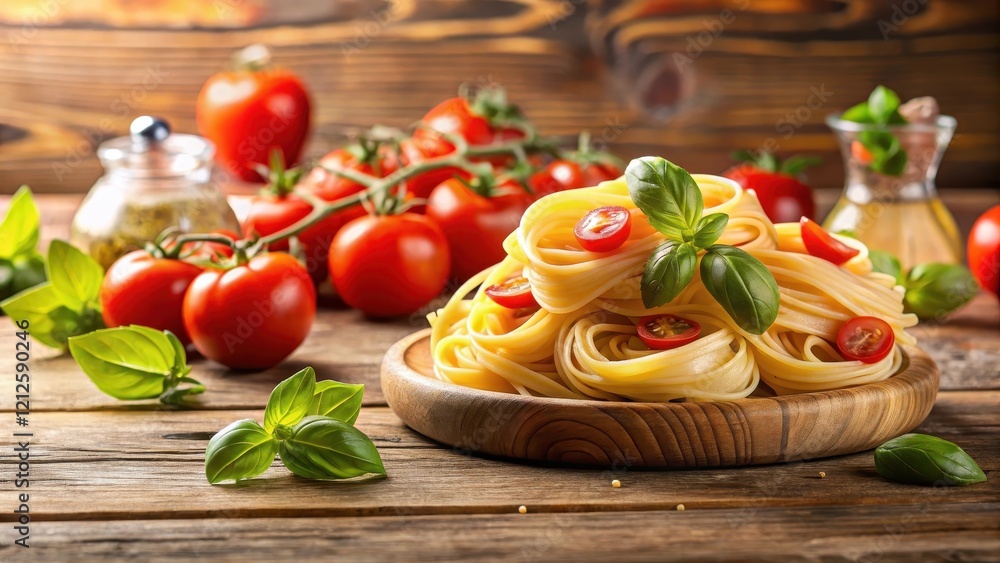 Traditional Italian Pasta with Tomatoes and Basil on a Wooden Table, tomatoes Traditional Italian Pasta with Tomatoes and Basil on a Wooden Table, tomatoes