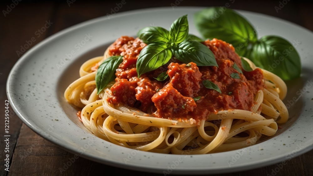 A plate of spaghetti topped with rich tomato sauce and fresh basil leaves. A plate of spaghetti topped with rich tomato sauce and fresh basil leaves.