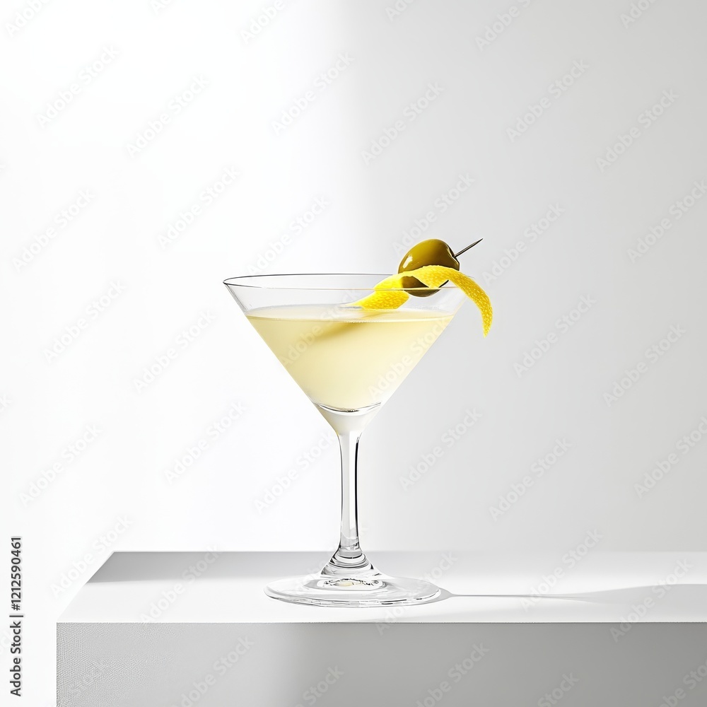 An elegant Martini with olive and lemon zest, displayed against an isolated white background, minimalist art style An elegant Martini with olive and lemon zest, displayed against an isolated white background, minimalist art style