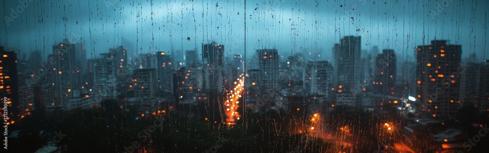 Fototapeta premium A rainy cityscape at dusk seen through a window, evoking cinematic melancholy. Great for urban storytelling, emotional visuals, and drama-themed projects.