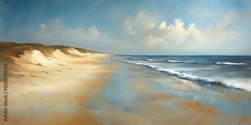 Fototapeta premium Serene coastal landscape painting with sandy beach, dunes, and ocean waves under a partly cloudy sky.