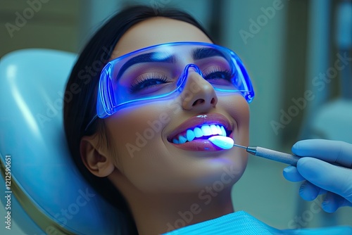 Brightly lit dental clinic showcases patient smiling during teet photo