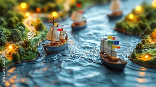 Miniature sailing ships on a river with glowing light decorations photo