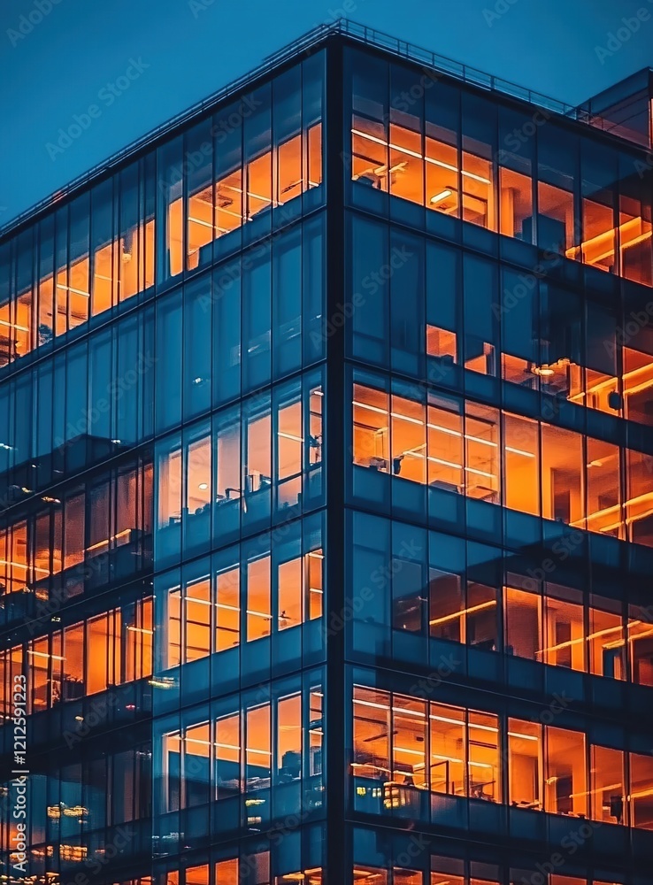 Fototapeta premium A photograph of an office building at night, showcasing the modern architecture with glass facades and illuminated windows.