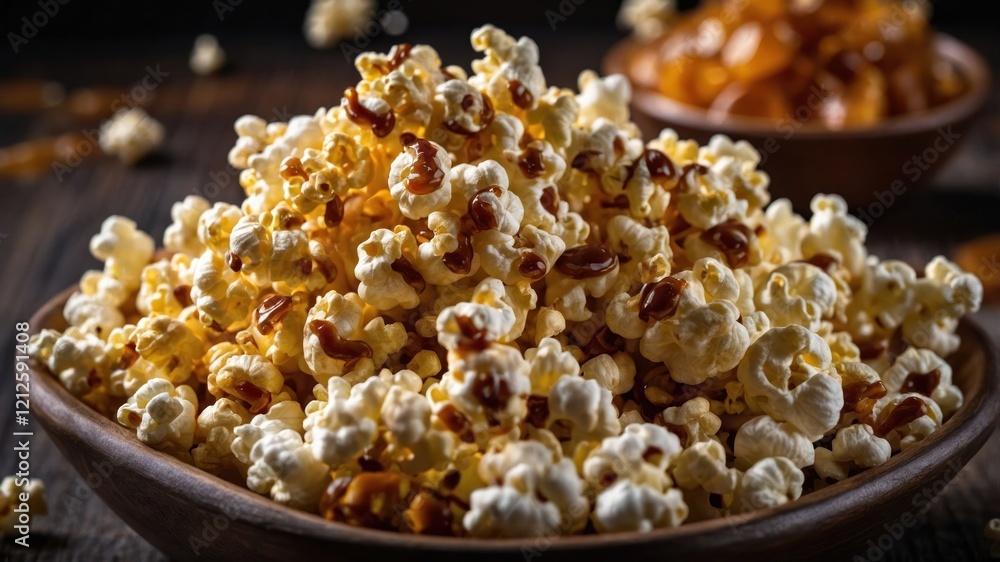A close-up of a bowl of popcorn, ideal for snacking during movies or gatherings. A close-up of a bowl of popcorn, ideal for snacking during movies or gatherings.